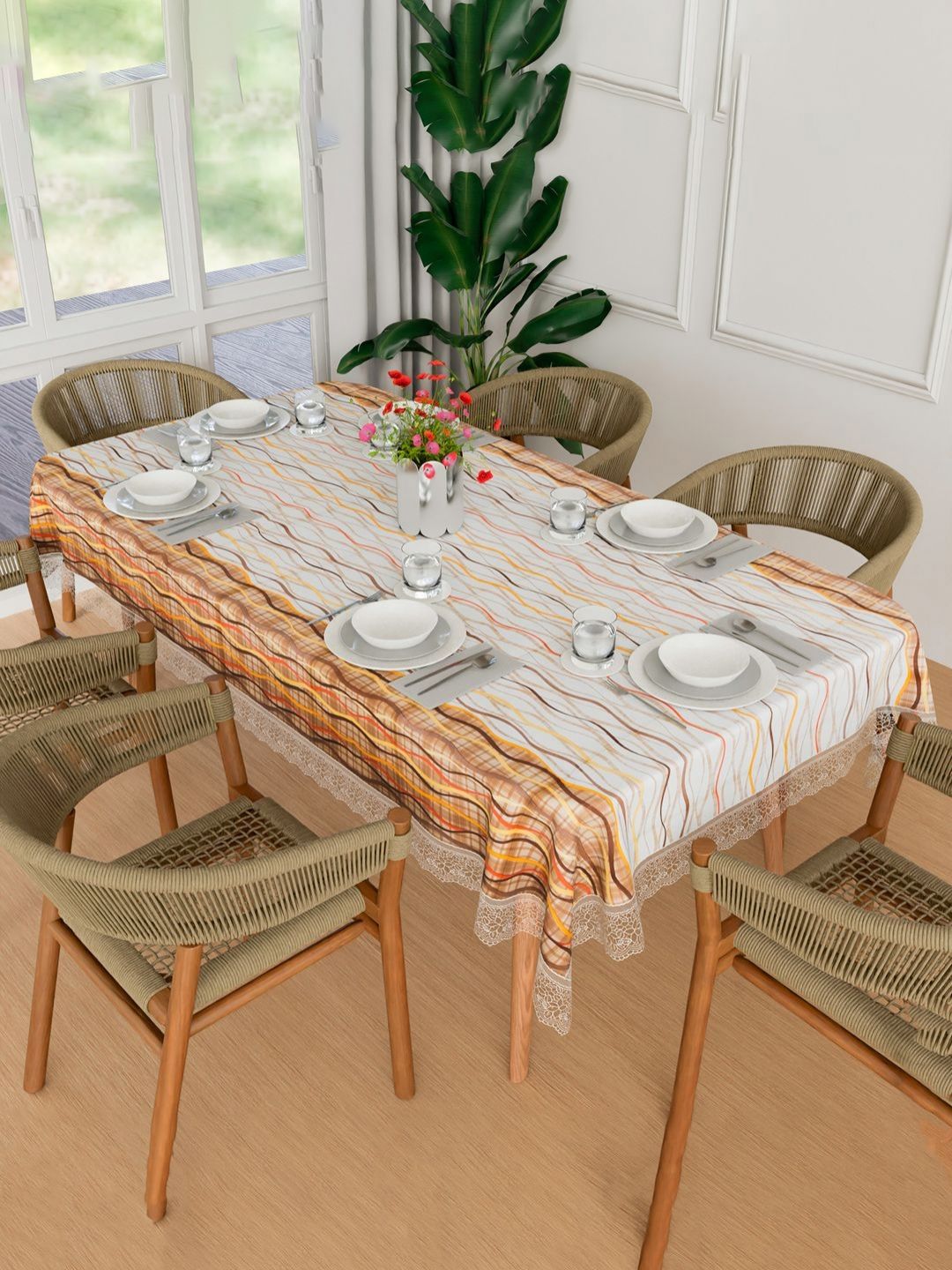 Aura Cream Printed Rectangular Shaped Waterproof 6-Seater Table Cover-image-39