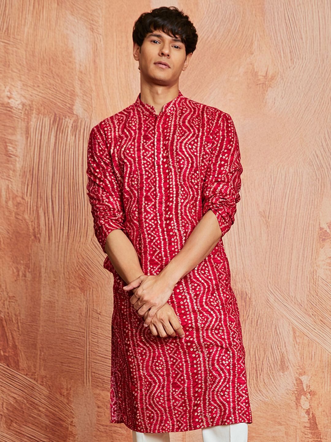 VASTRAMAY Bandhani Printed Mandarin Collar Straight Kurta-picture-11