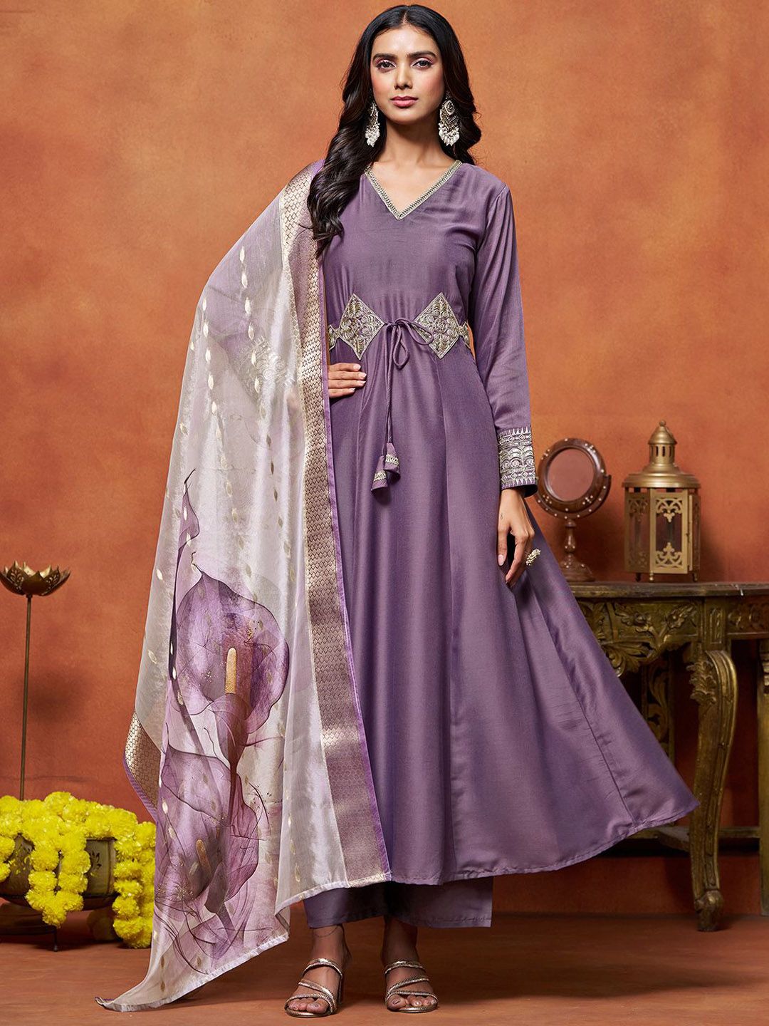 Sangria Floral Embroidered V-Neck Cotton Silk Anarkali Kurta With Palazzo & Dupatta