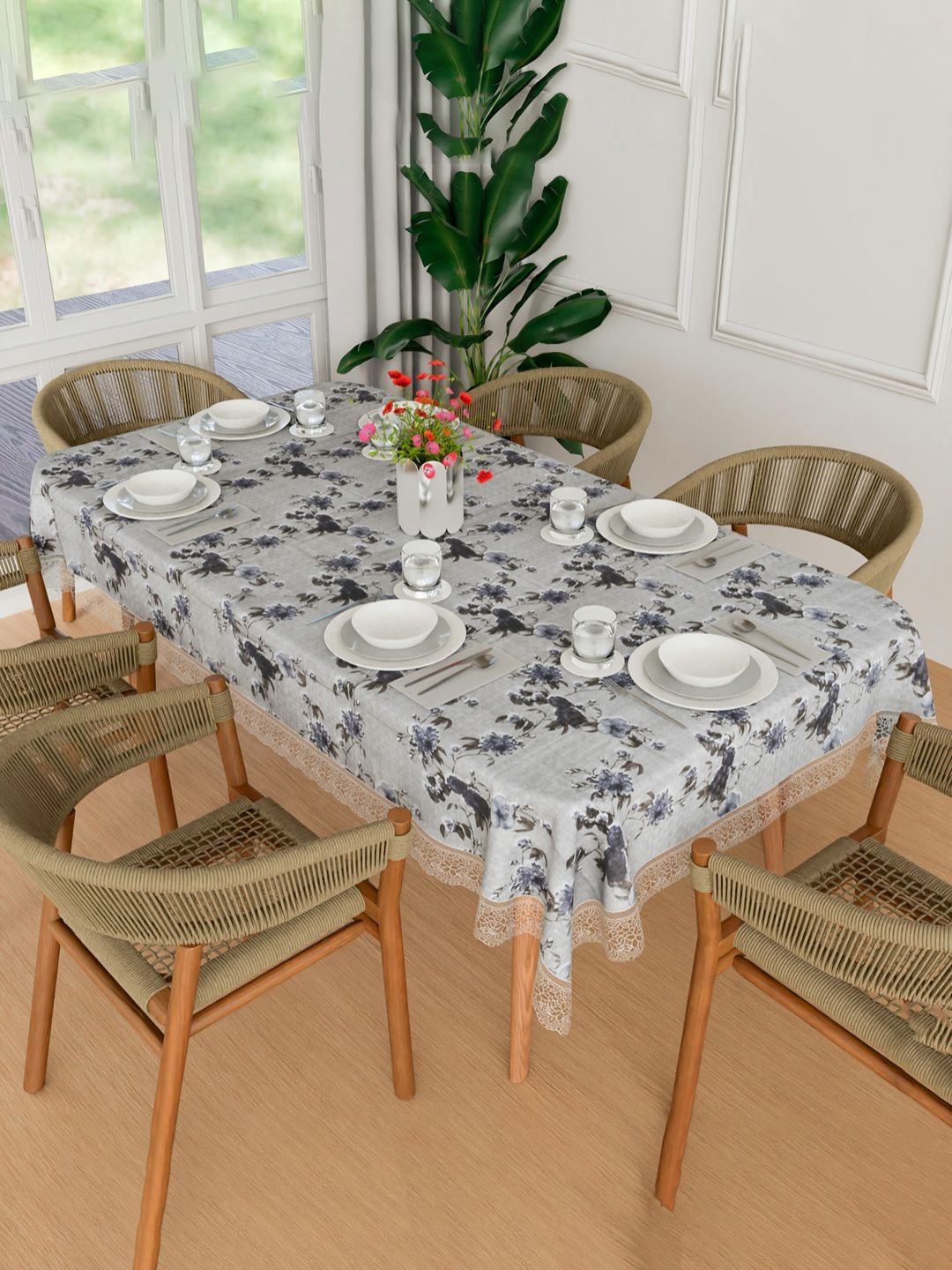 Aura Grey Floral Printed Waterproof 6-Seater Rectangle 1.52 m x 2.3 m PVC Table Cover-picture-18