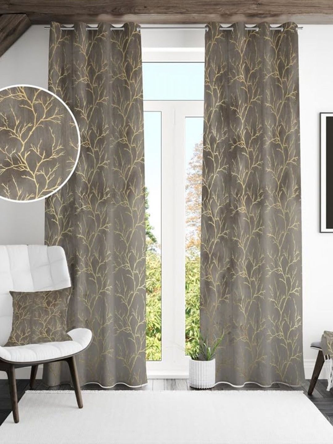Galaxy Home Decor Grey Set of 2 Floral Room Darkening Door Curtain-image-8