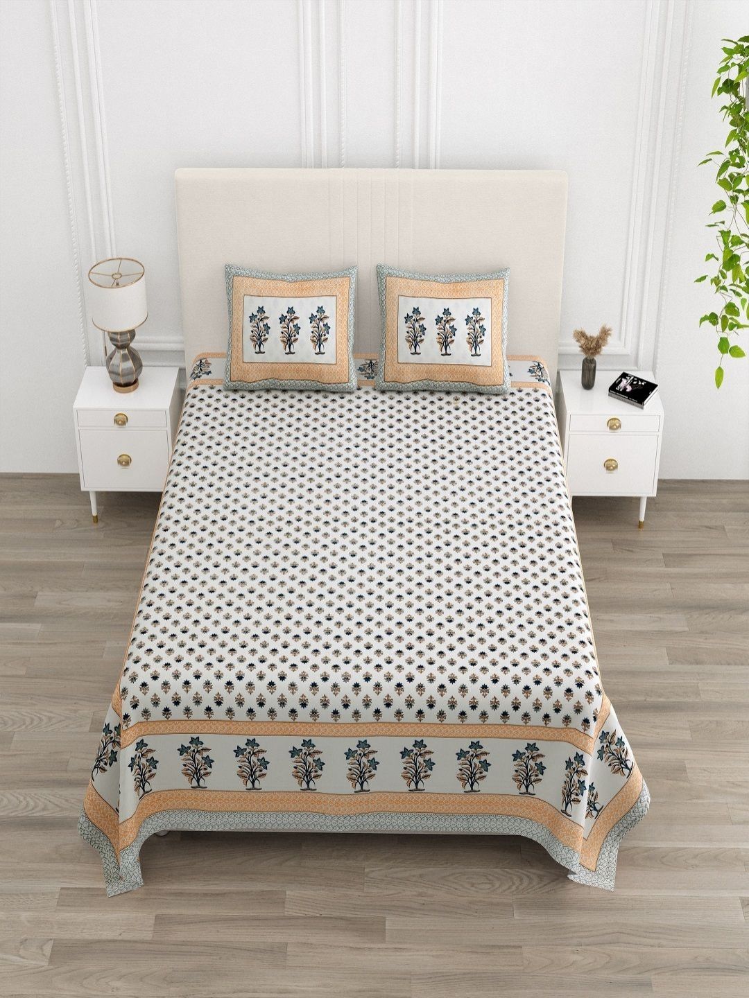 tundwal's White & Blue Floral Printed Cotton 210 TC King Bedsheet Set 2.74 m x 2.28 m-picture-42