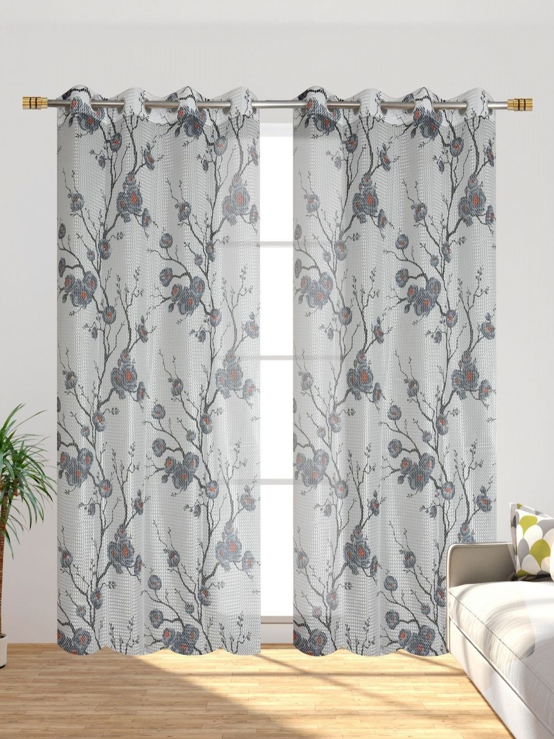 Galaxy Home Decor Grey & Transparent 2 Pieces Floral Printed Sheer Door Curtains-image-43