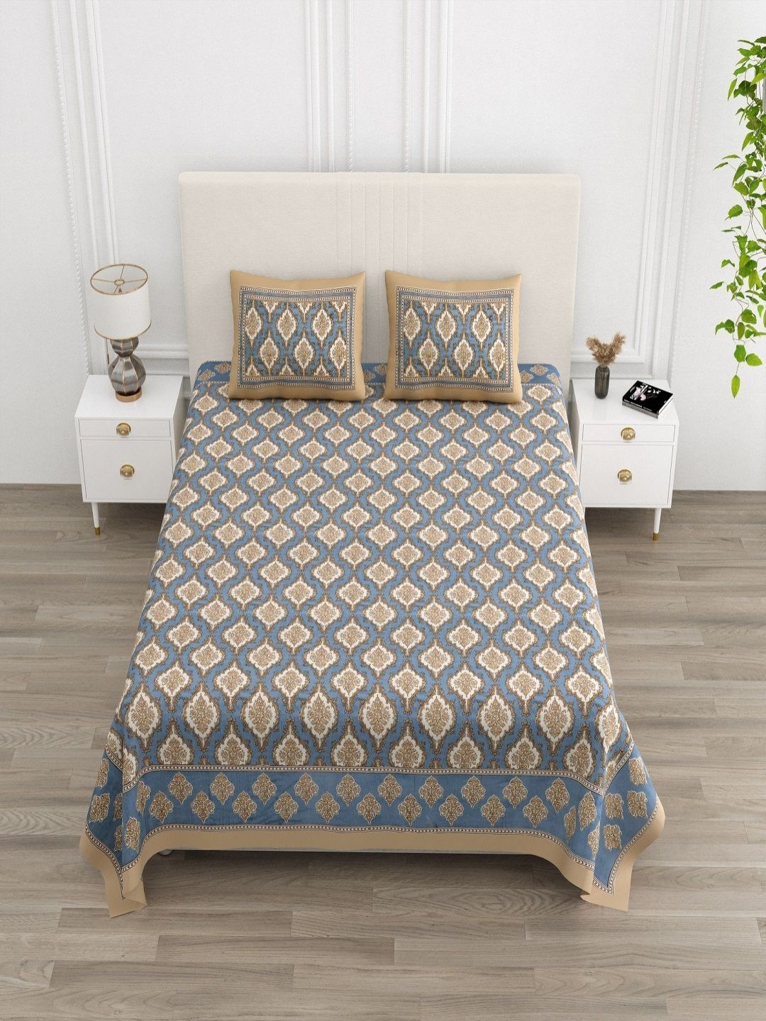 tundwal's Blue & Brown Floral Printed 210 TC Cotton King Bedsheet Set 2.28 m x 2.74 m-picture-38