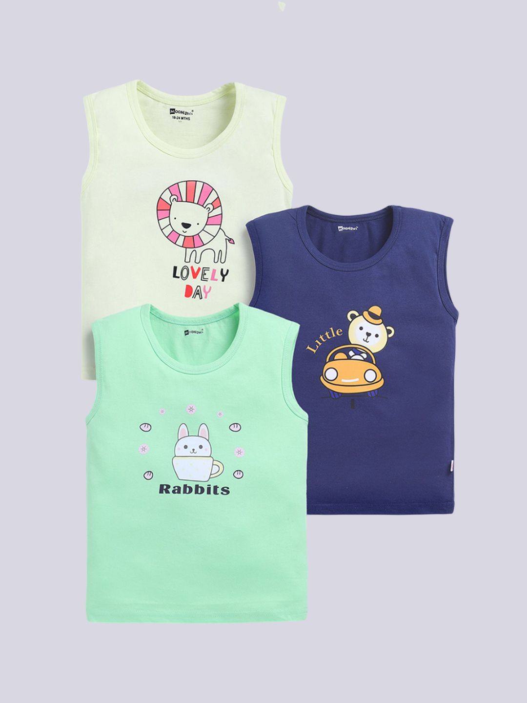 MooNKids Infants Pack Of 3 Printed Cotton Vests MK_Vest_338 Mint green Lime Navy-picture-39