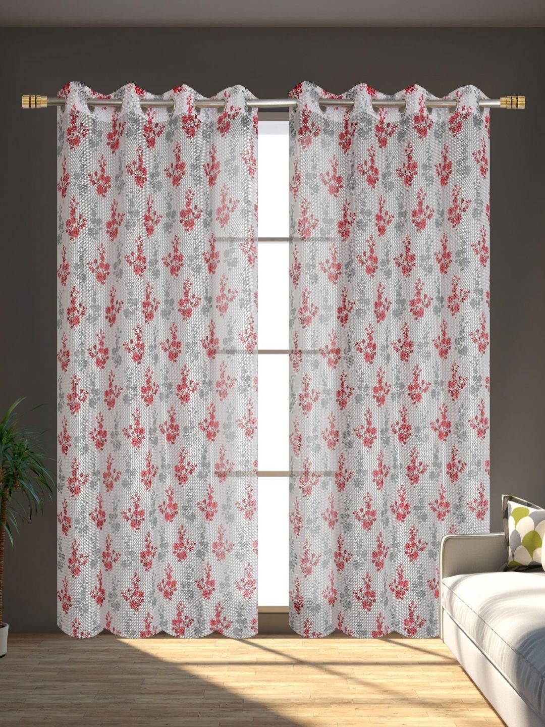 Galaxy Home Decor White & Maroon 2 Pieces Floral Printed Sheer Long Door Curtains-image-25