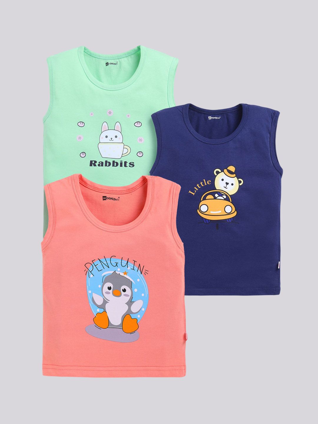 MooNKids Infants Pack Of 3 Printed Cotton Basic Vests MK_Vest_339 Olive Navy Coral-picture-46