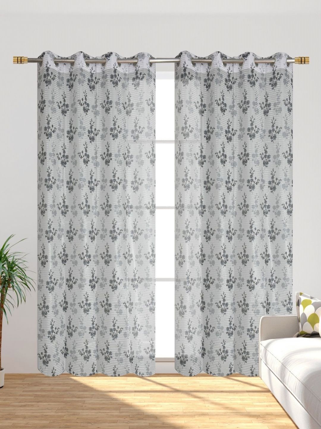 Galaxy Home Decor White & Grey 2 Pieces Floral Printed Sheer Door Curtains-image-45