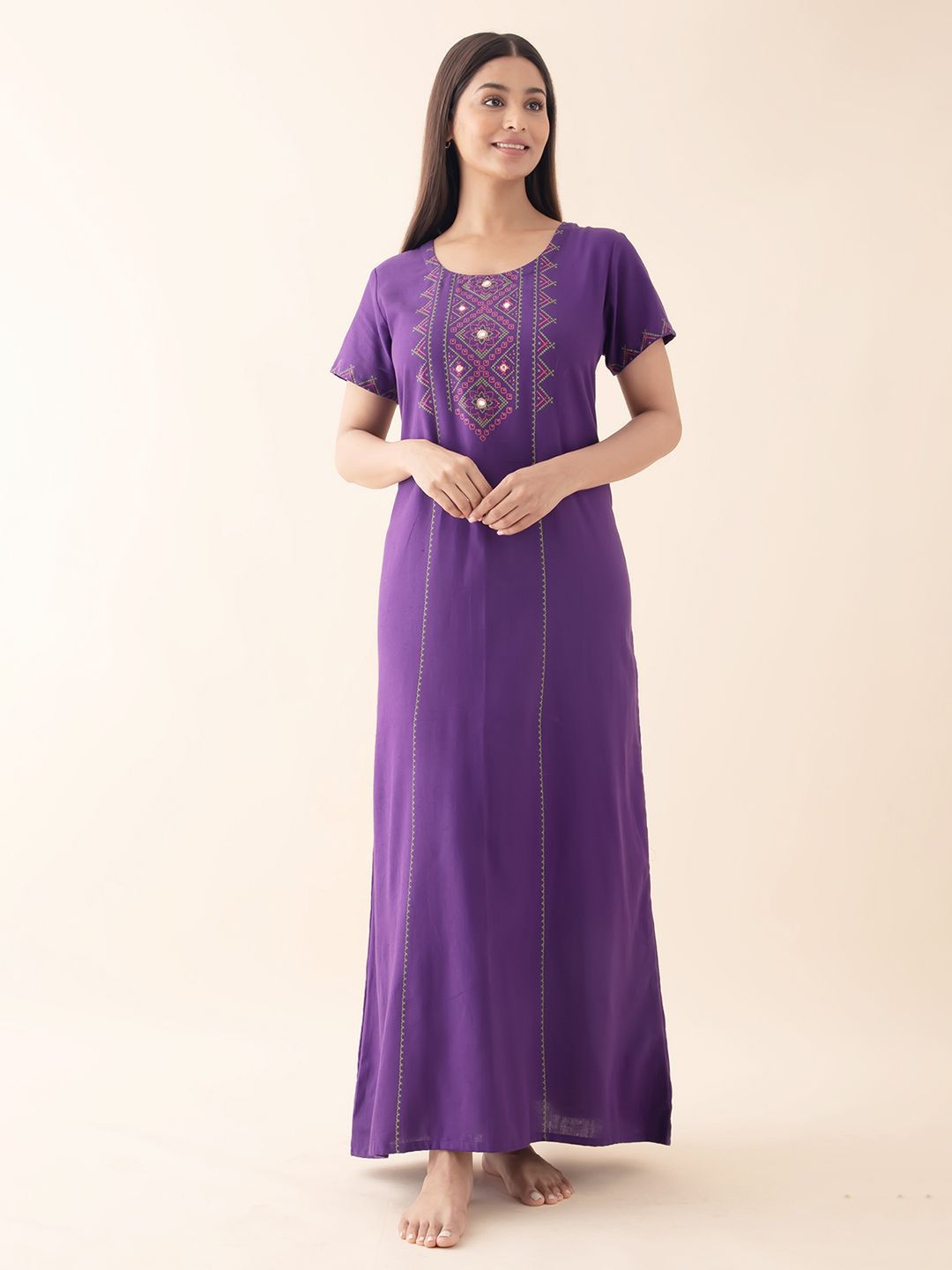 Maybell Women Pure Cotton Ethnic Motifs Printed Round Neck Maxi Regular Nightdress-picture-58