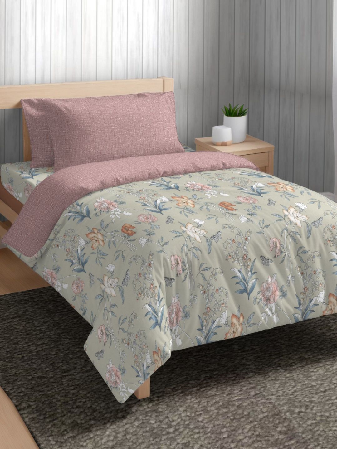 The Happy Pod Khaki & Blue Floral Microfiber AC Room 150 GSM Single Bed Comforter-image-36