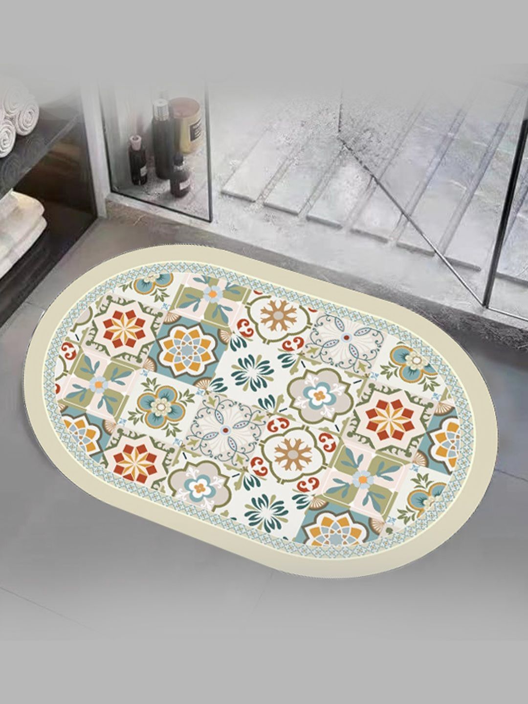 Status Cream & Green Printed 350 GSM Microfiber Bath Rugs-picture-45