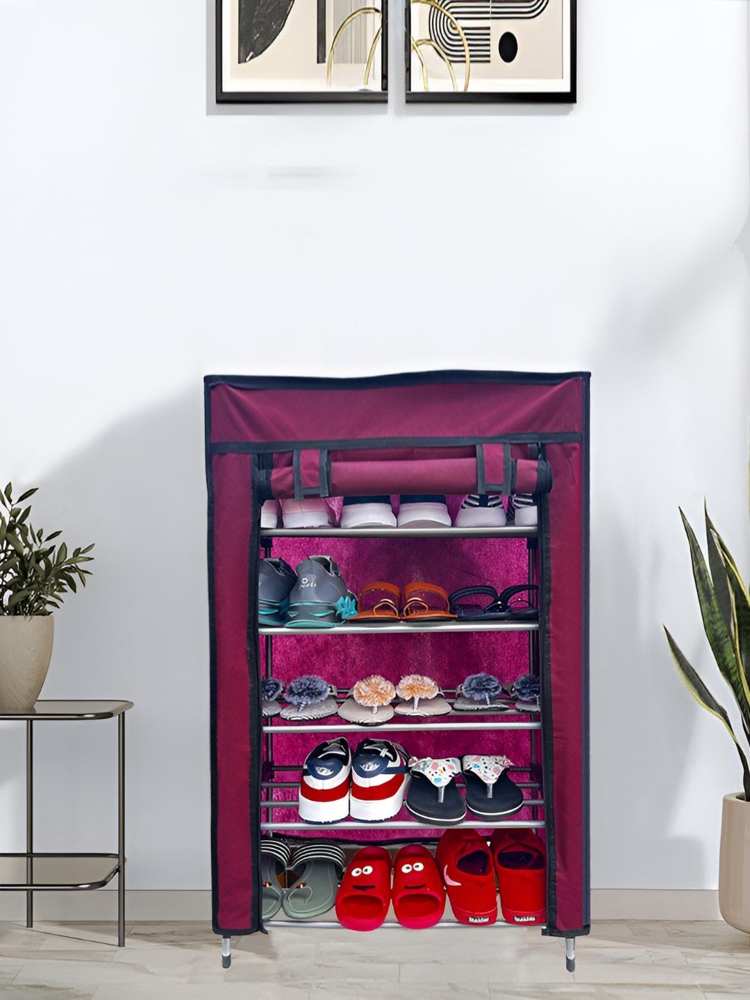 Rmerchants Black & Maroon 5-Layer Metal Collapsible Shoe Rack-picture-48