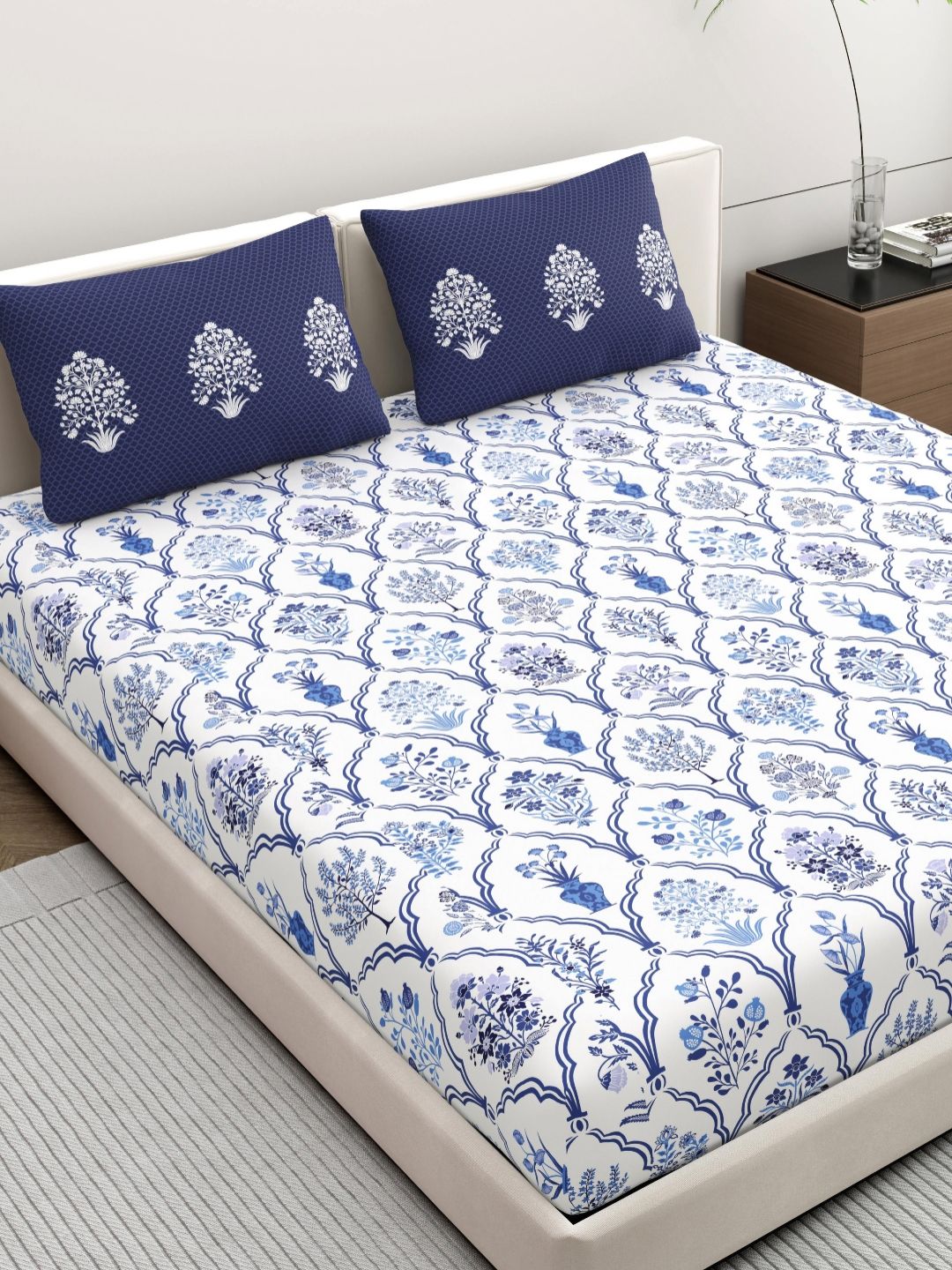 Home Ecstasy Blue & White Floral Printed 140 TC Cotton King Bedsheet Set 2.20 m x 2.74 m-picture-26