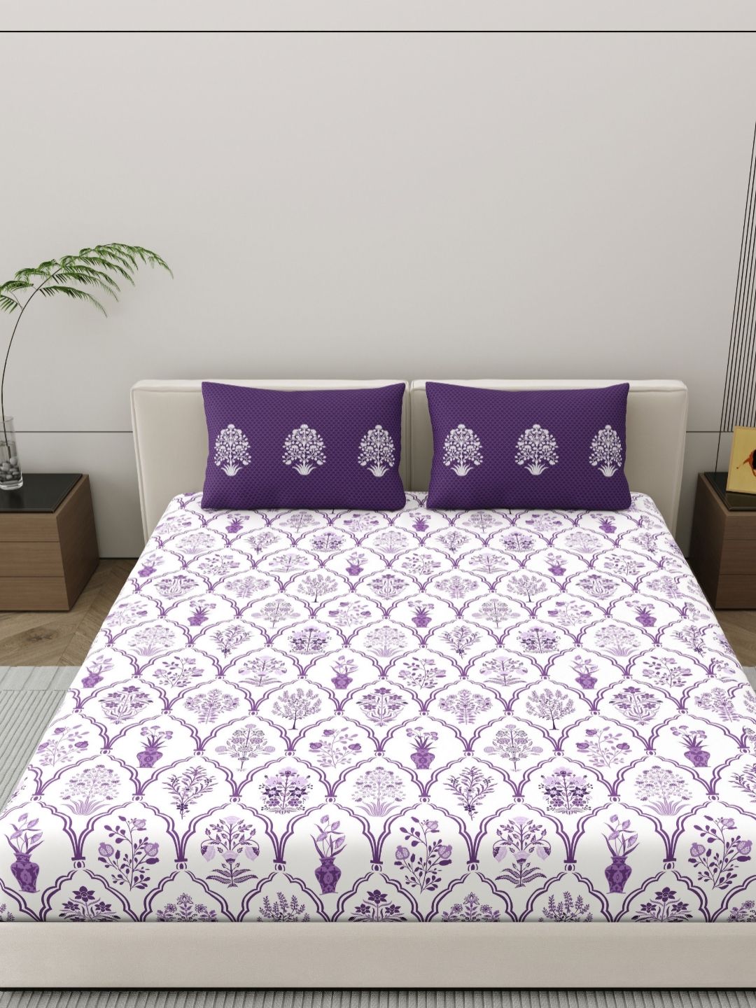 Home Ecstasy Purple & White Floral 140 TC Cotton Queen Bedsheet Set 2.20 m x 2.39 m-picture-22