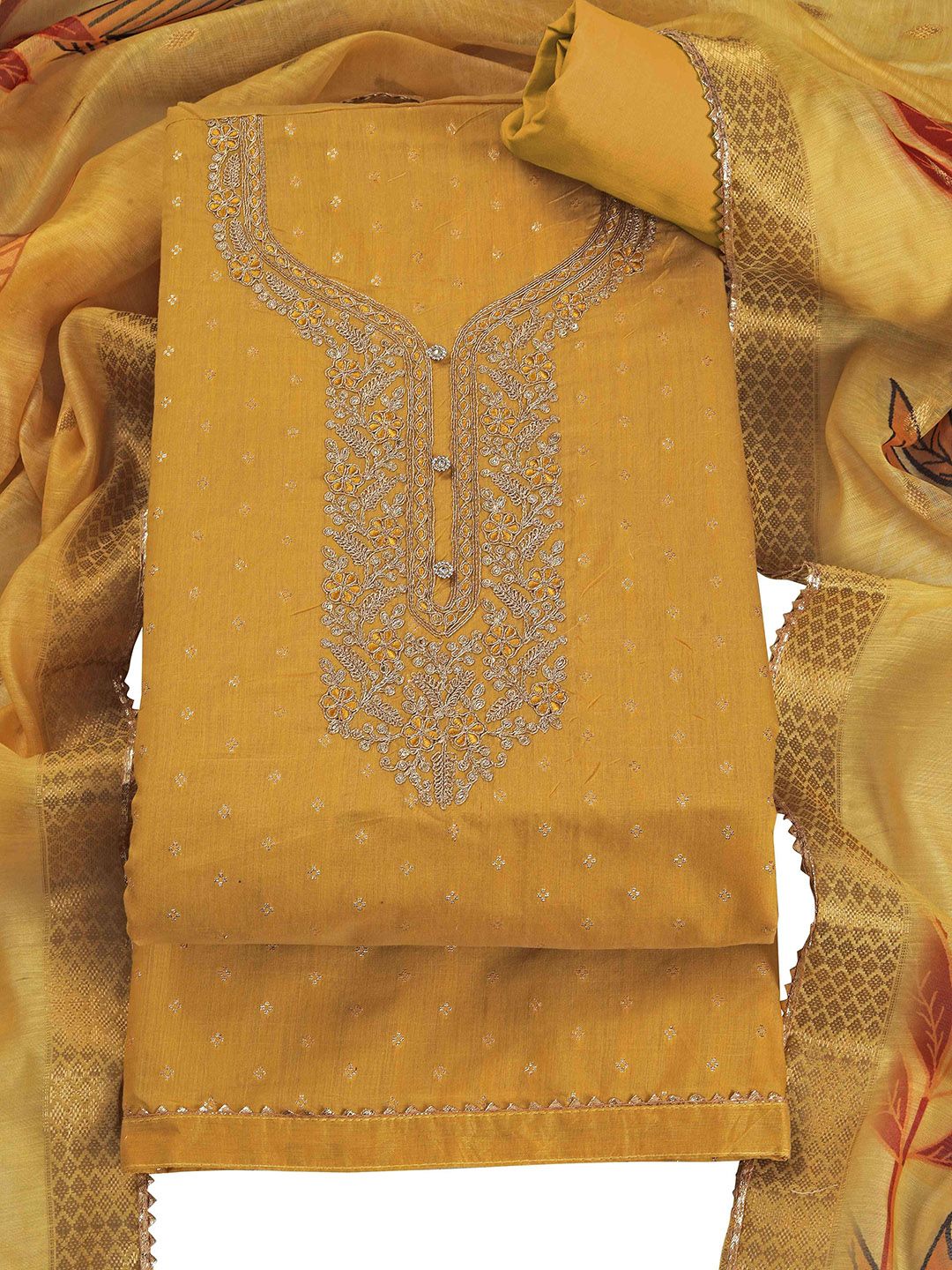 TAVAS Embroidered Chanderi Silk Unstitched Dress Material