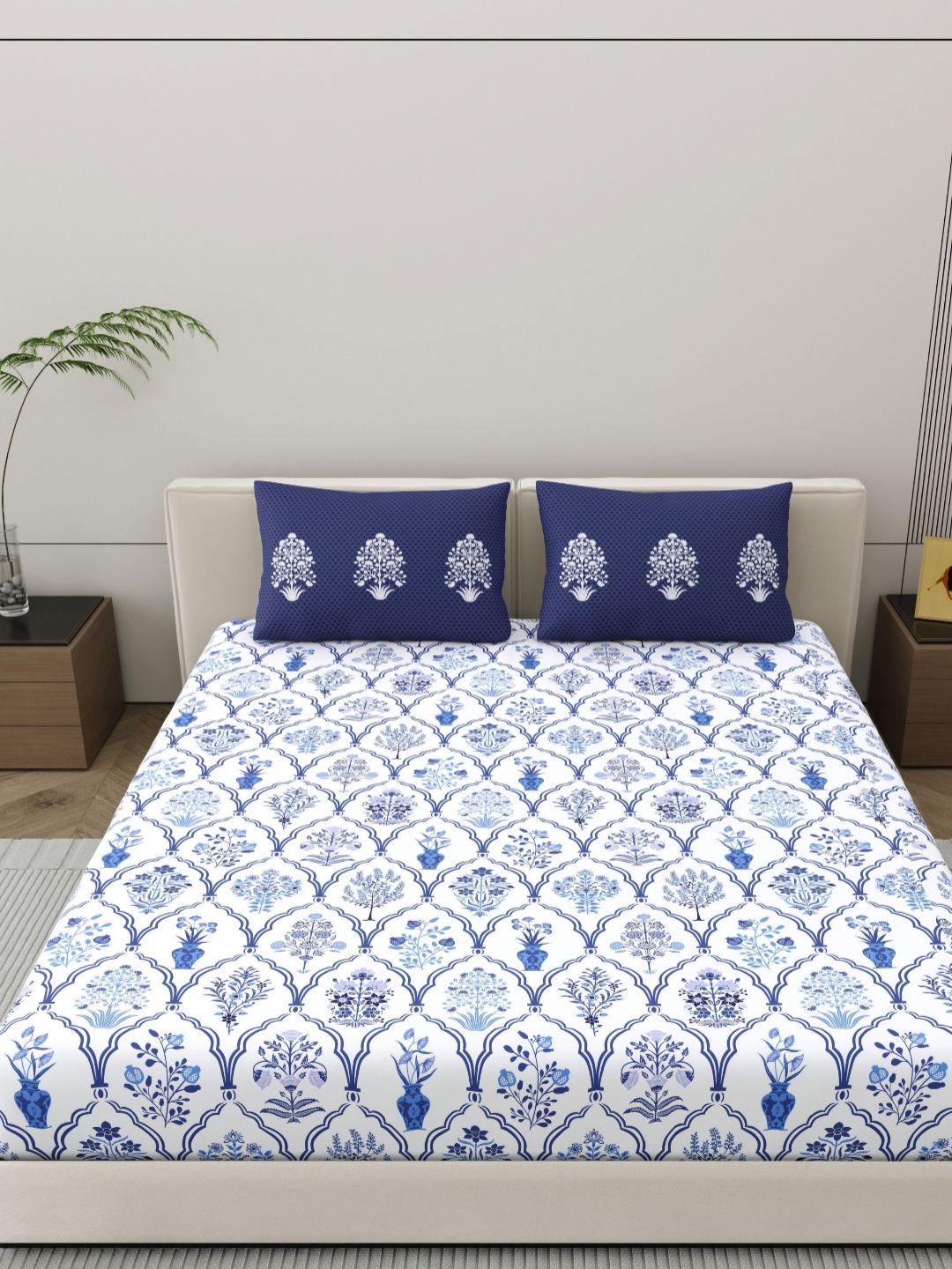 Home Ecstasy Blue & White Floral 140 TC Cotton Queen Bedsheet Set 2.20 m x 2.39 m-picture-22