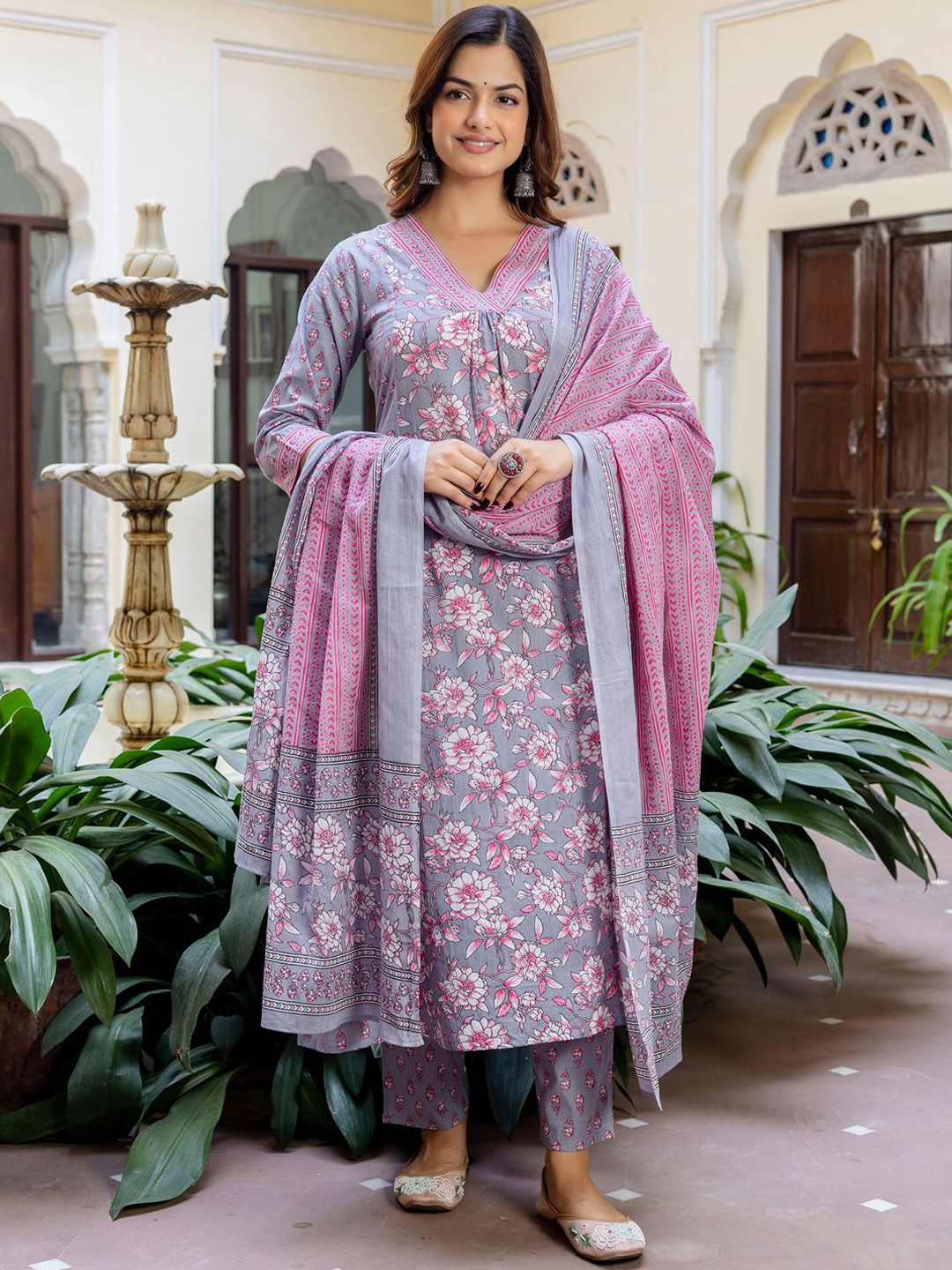 Indo Era Floral Printed Panelled V-Neck Pure Cotton Kurta With Trousers & Dupatta-picture-21