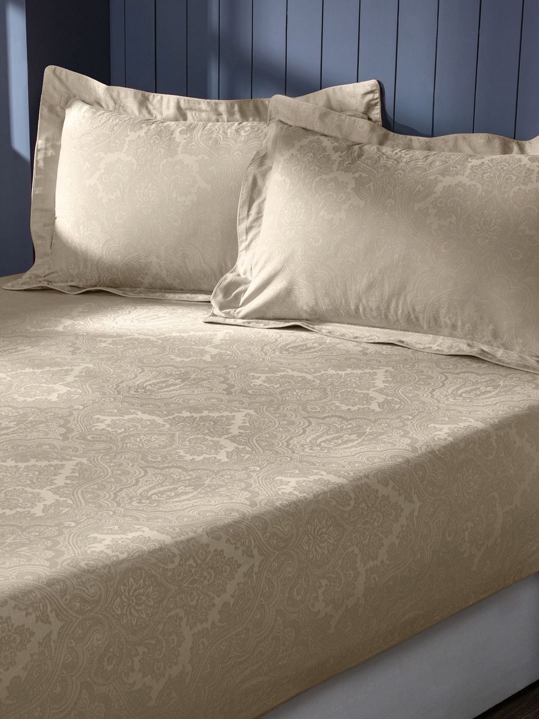 MASPAR Beige Printed Pure Cotton Self Jacquard 300 TC King Bedsheet Set 2.75 x 2.75 m-image-36