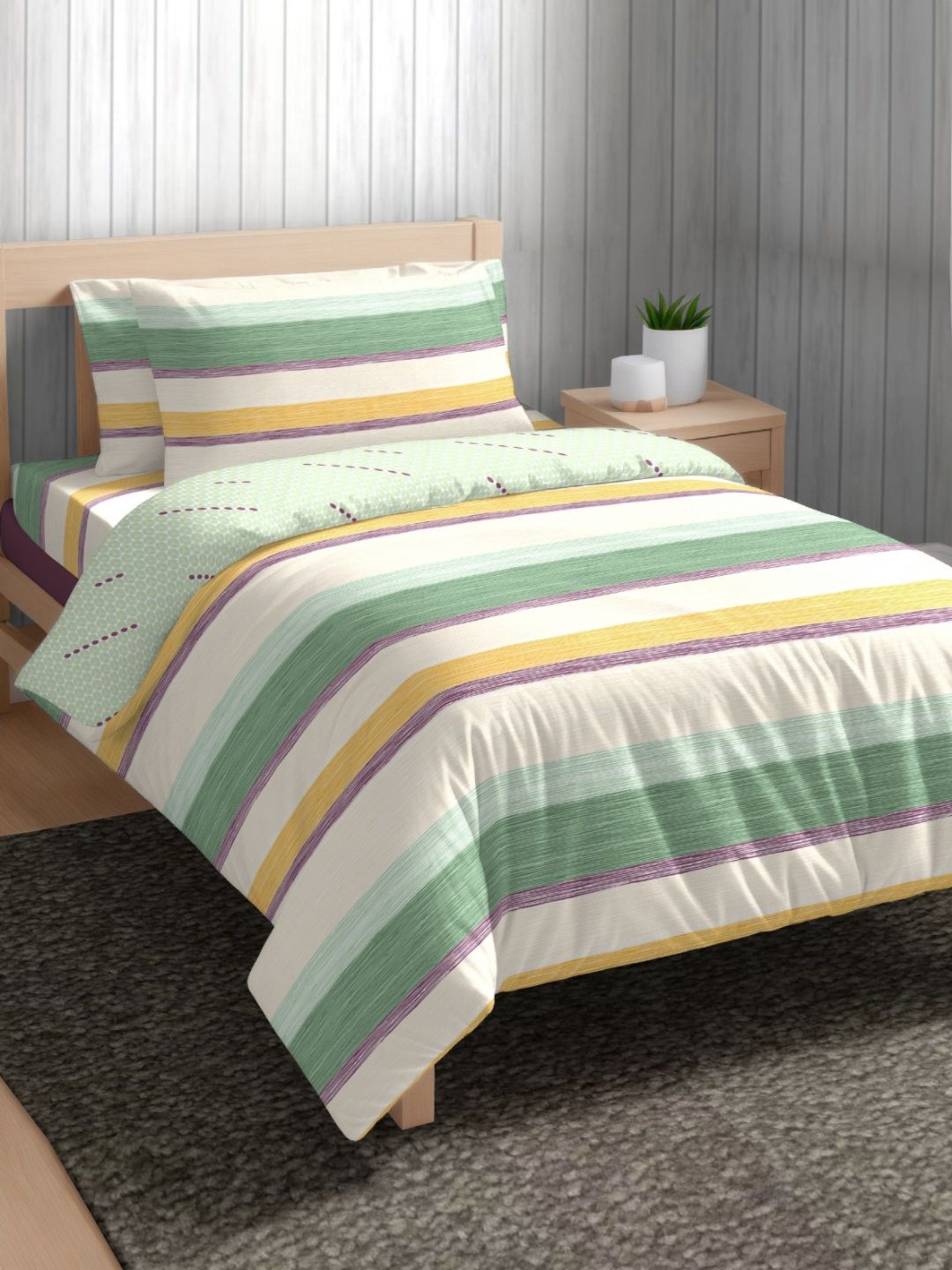The Happy Pod Green & Beige Stripe Pure Cotton AC Room 150 GSM Single Bed Comforter-image-30