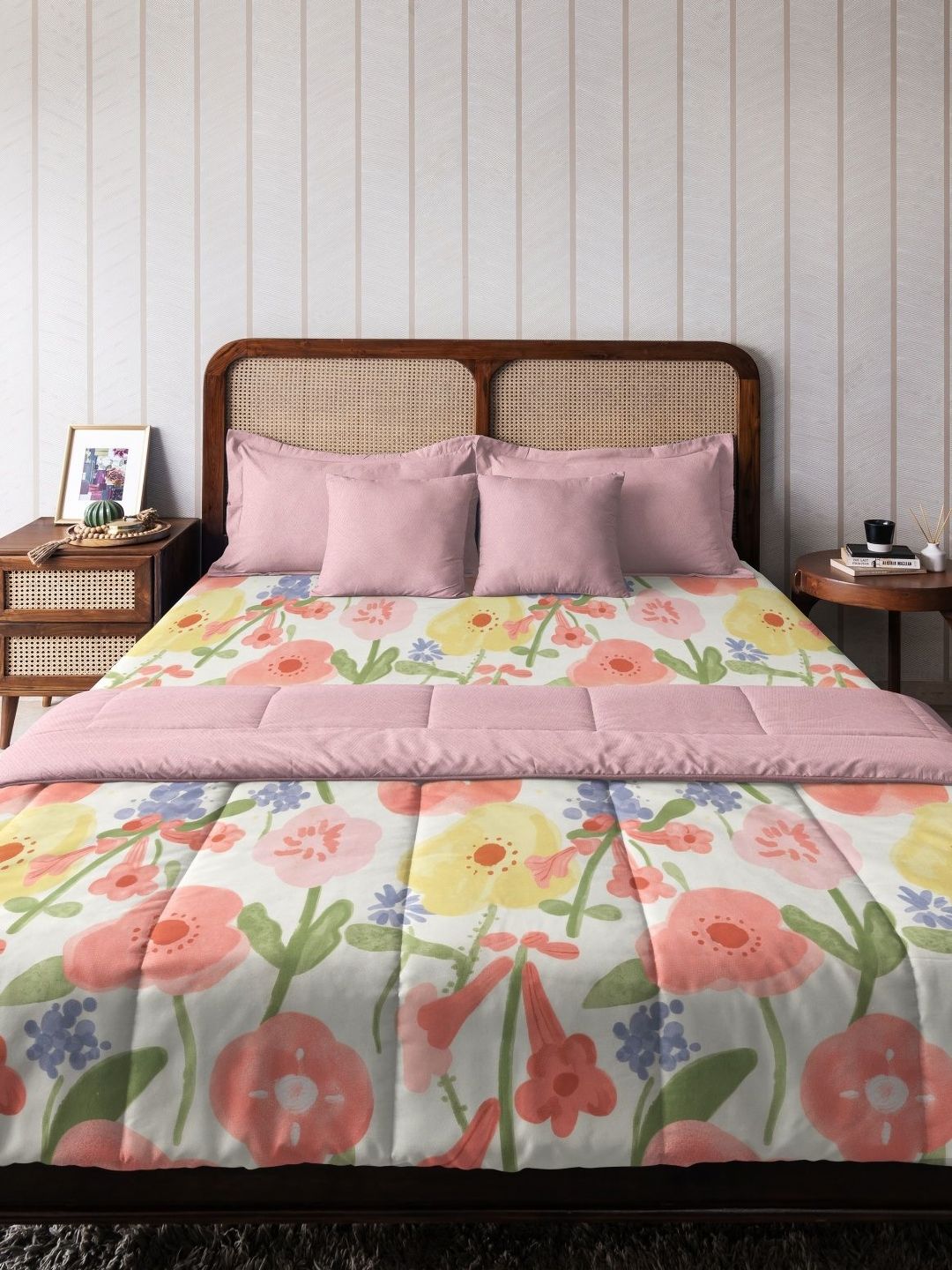 The Happy Pod Pink & Green Floral Microfiber AC Room 150 GSM Double Bed Comforter-image-25