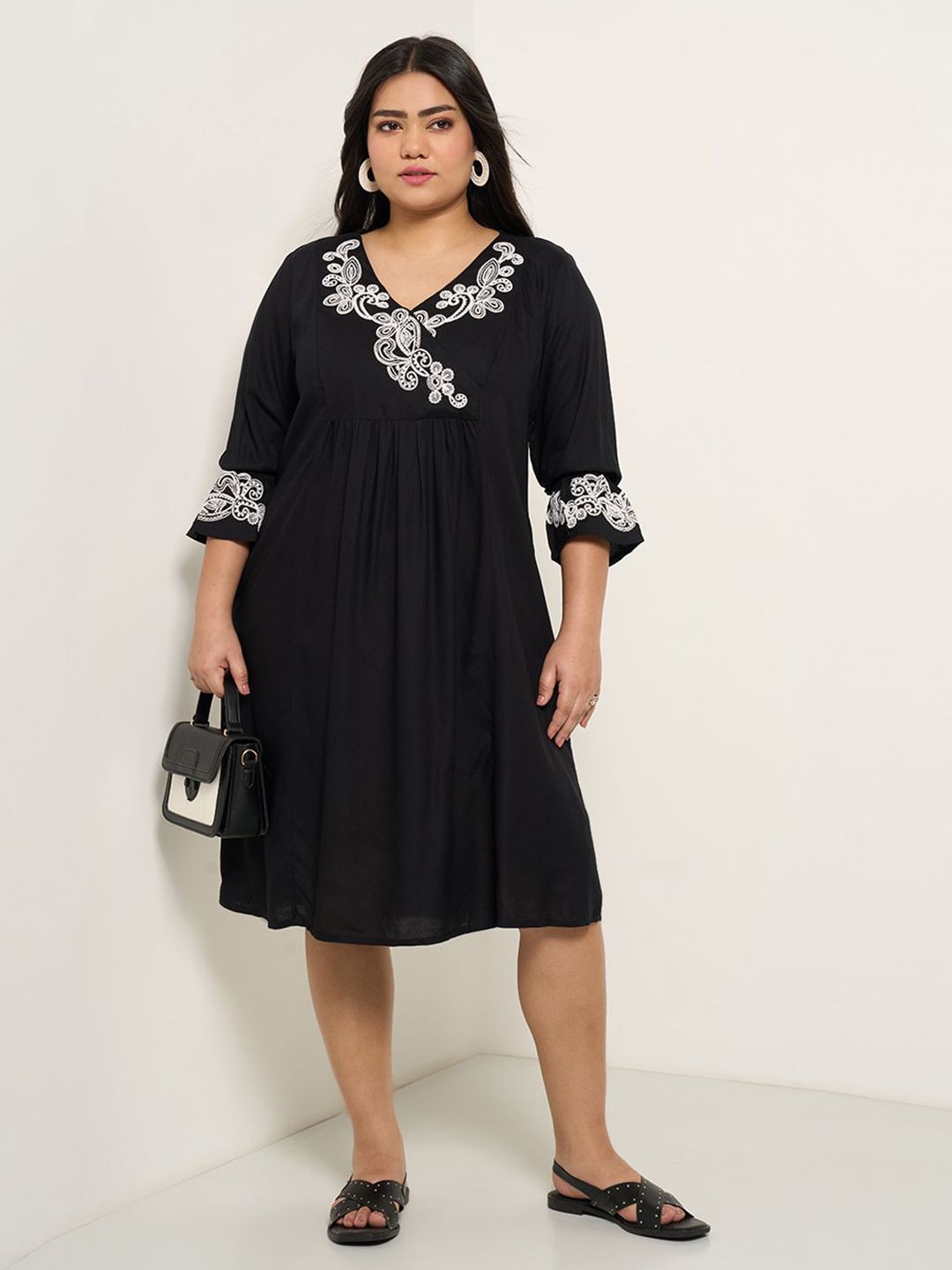 Honey Curvytude by Pantaloons Floral Embroidered Bell Sleeve Fit & Flare Dress-picture-19