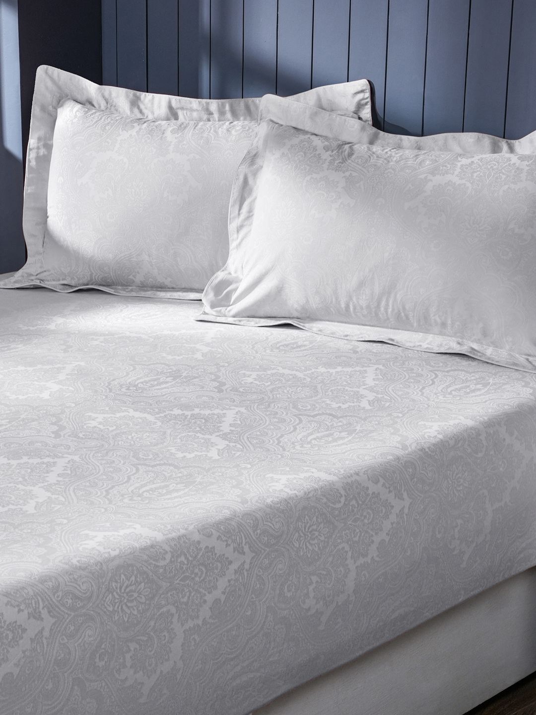 MASPAR White Printed Pure Cotton Self Jacquard 300 TC King Bedsheet Set 2.75 m x 2.75 m-image-15