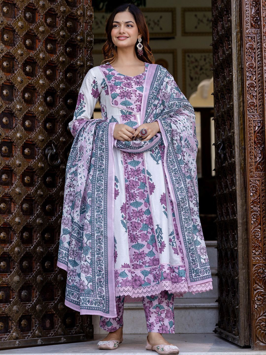 Indo Era Floral Printed Empire Pure Cotton Anarkali Kurta With Trouser & Dupatta-picture-27