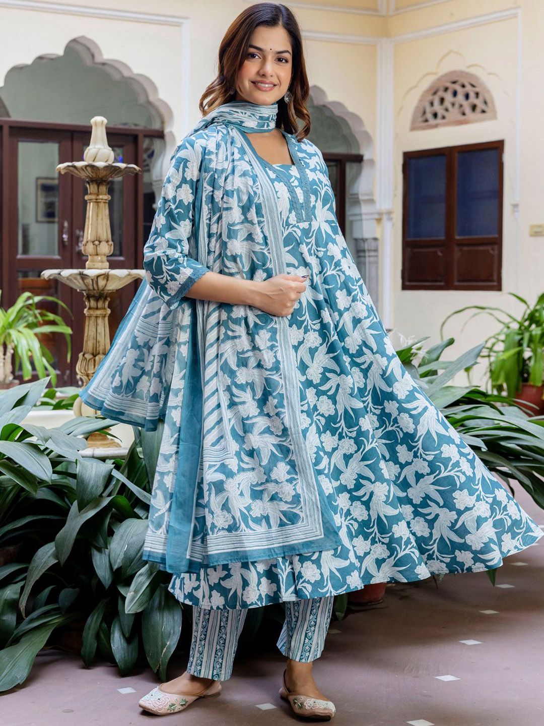 Indo Era Floral Printed Square Neck Pure Cotton A-Line Kurta With Trousers & Dupatta-picture-39