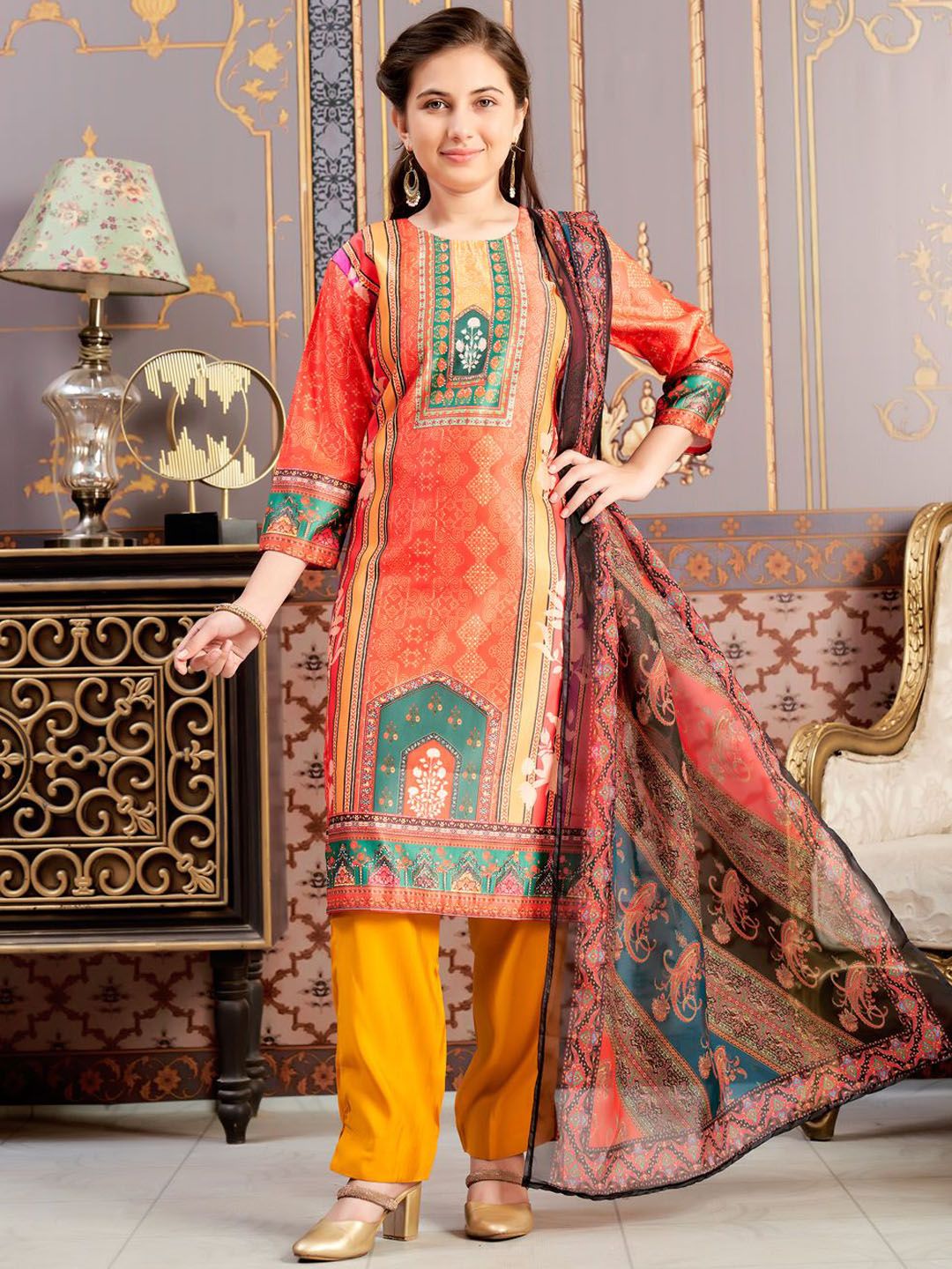 BAESD Girls Ethnic Motifs Printed Round Neck Satin Kurta With Trousers & Dupatta-picture-22