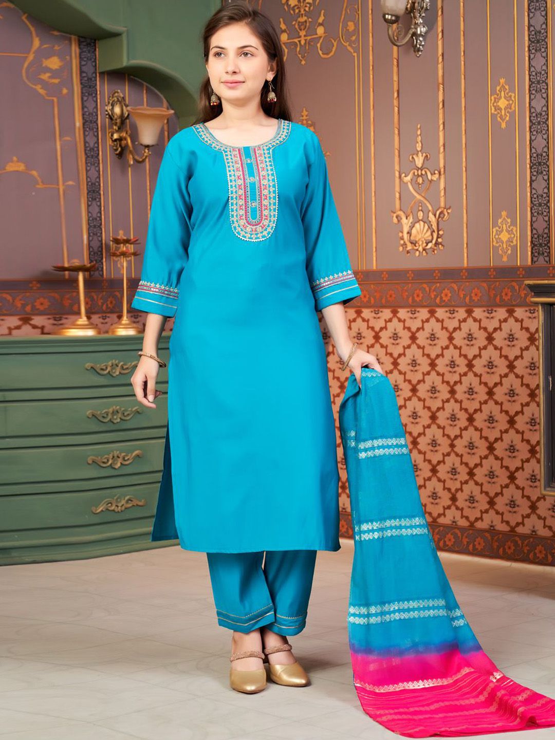 Sangria Girls Embroidered Pure Silk Straight Kurta With Trouser And Dupatta-picture-12