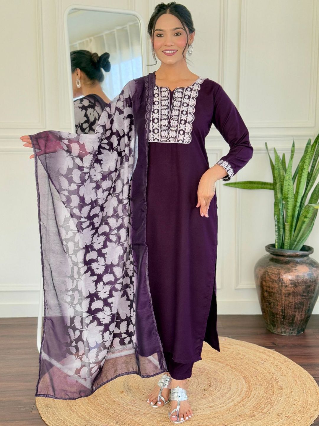 KALINI Women Floral Yoke Design Regular Thread Work Kurta with Trousers & With Dupatta