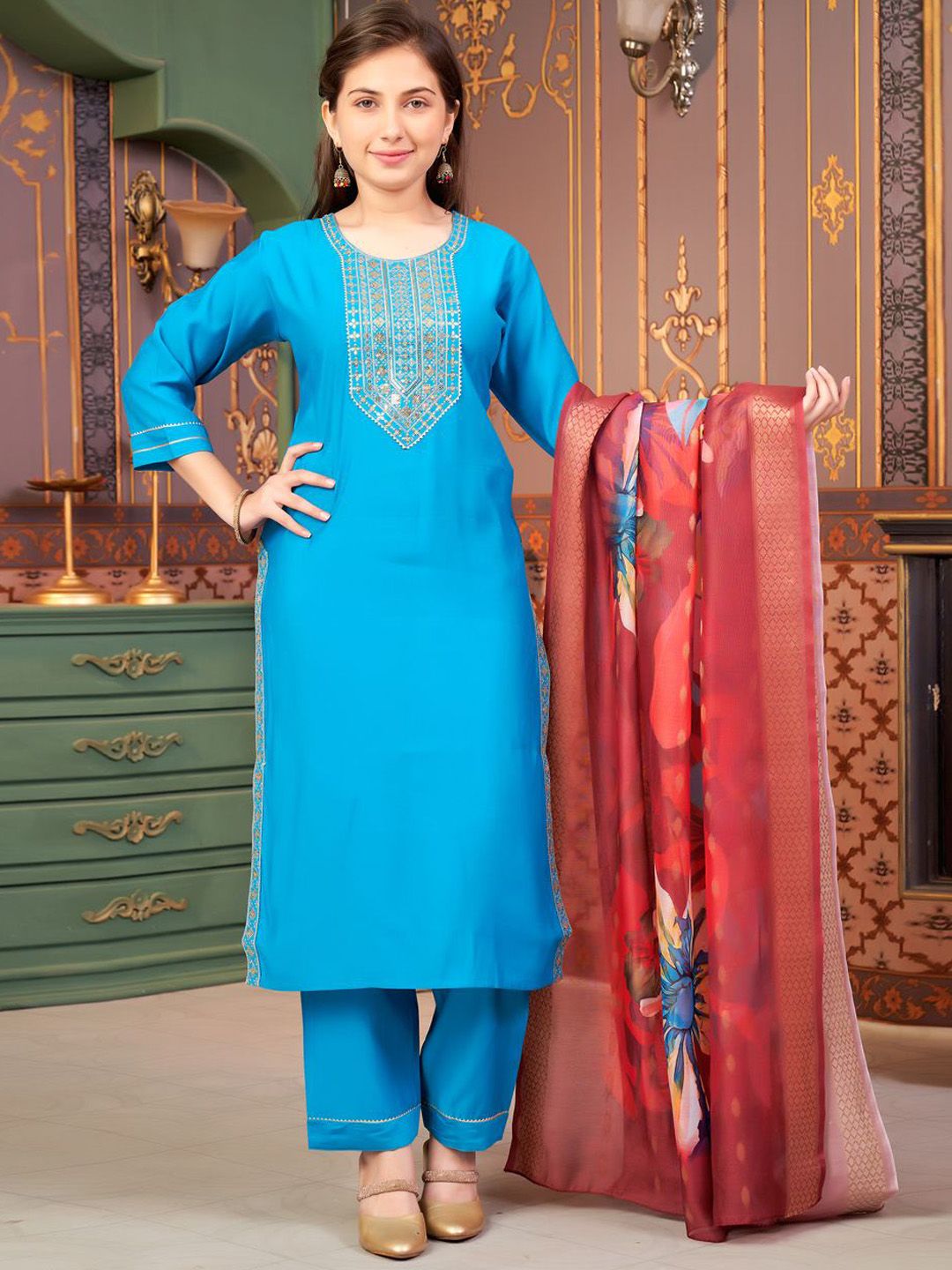 Sangria Girls Embroidered Sequinned Pure Silk Kurta With Trouser & Dupatta-picture-11