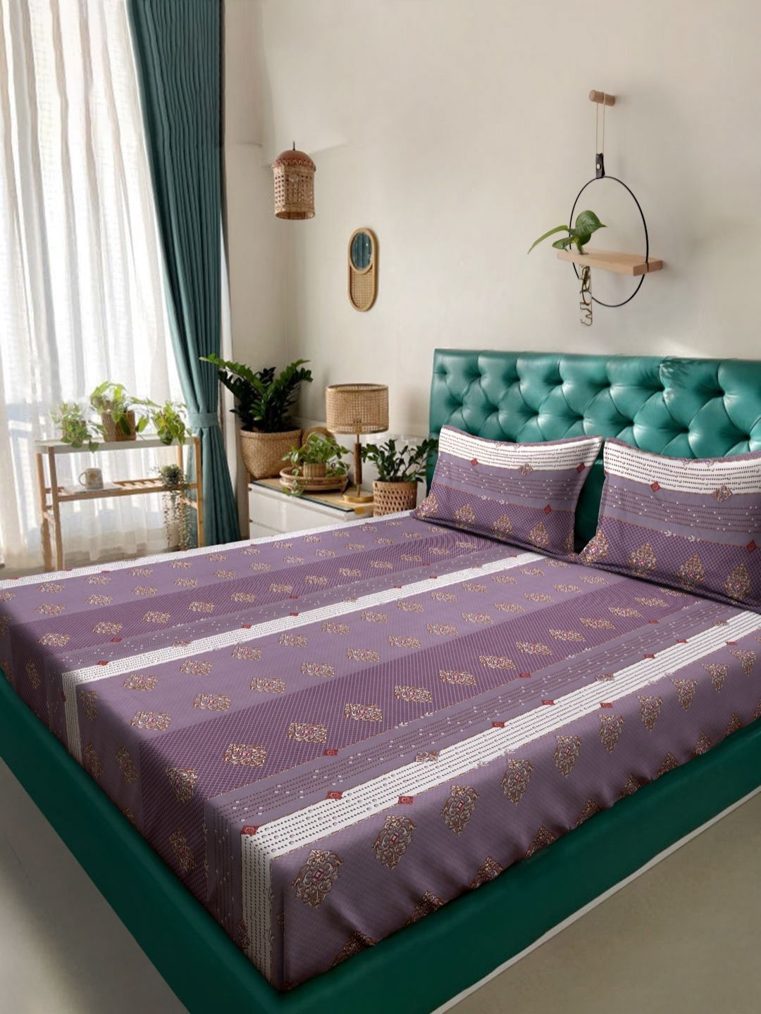 Myntra Elegant Homes Purple & White Ethnic 300 TC Double King Bedsheet Set-2.50mx2.25m-picture-35