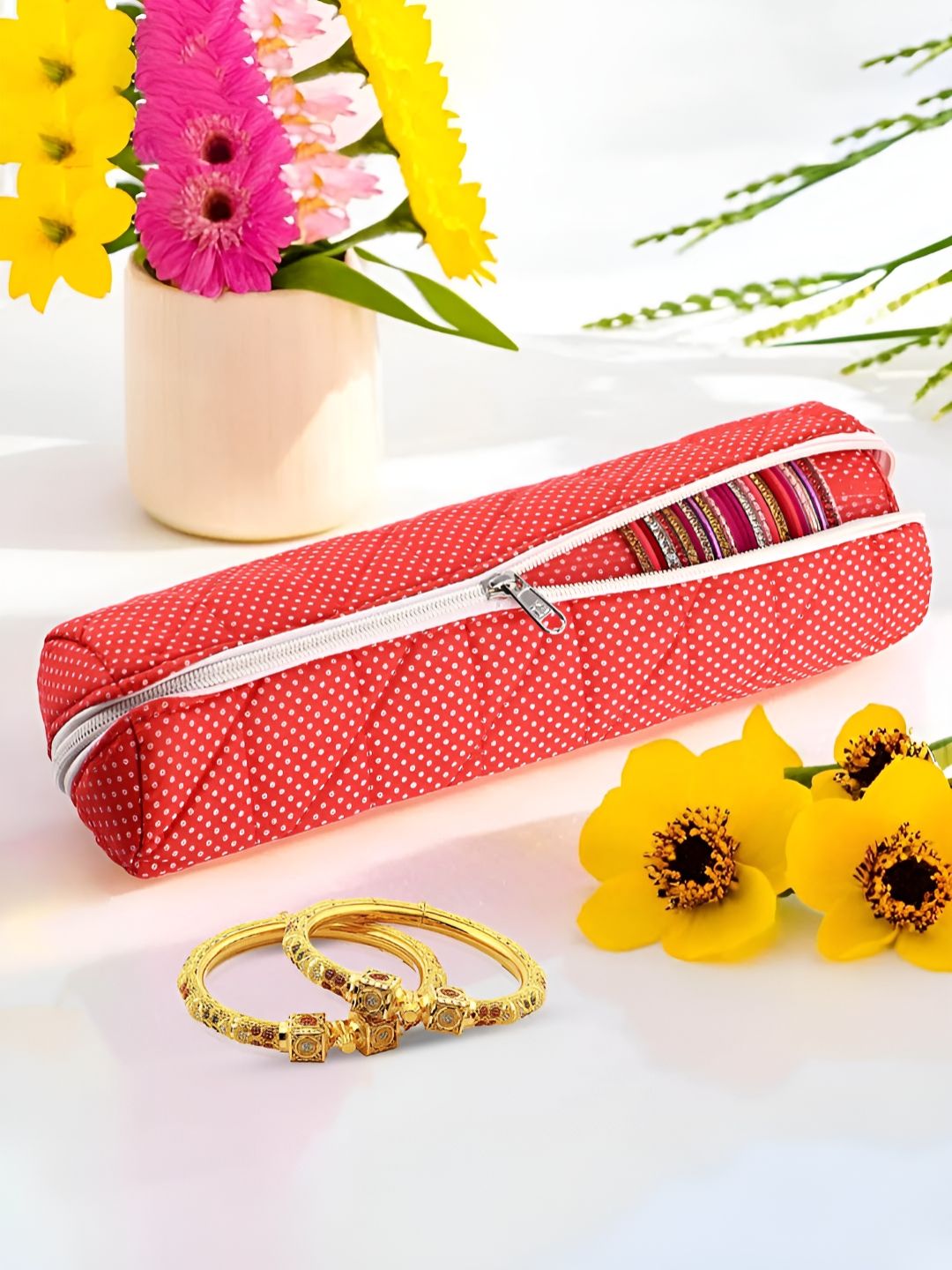 Aura Red Polka Dots Printed Single-Rod Bangles Organisers-image-40