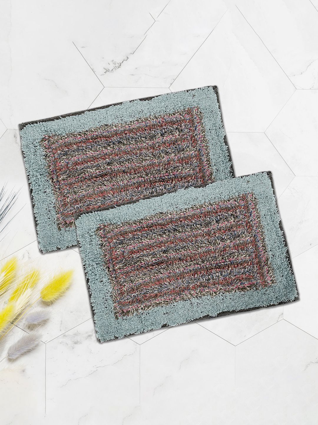 Aura 2 Pieces Blue & Brown Textured Cotton Anti-Skid Doormats-image-14
