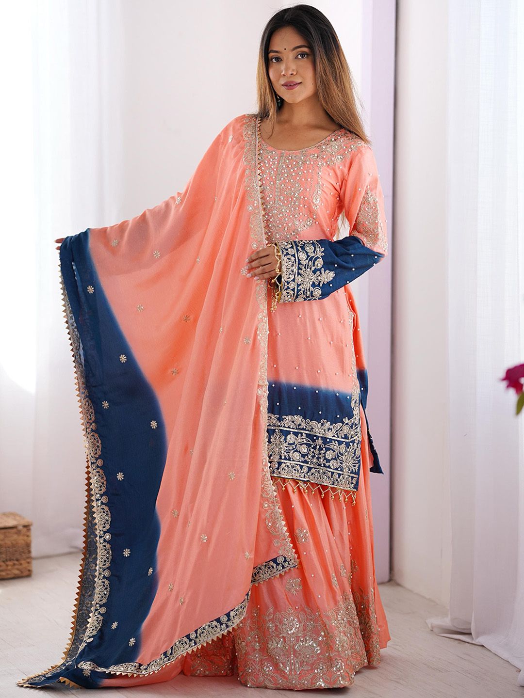 Floral Embroidered Regular Thread Work Kurta with Sharara & Dupatta