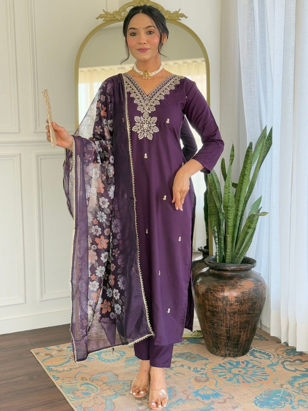 KALINI Women Ethnic Motifs Embroidered Regular Thread Work Kurta with Trousers & With Dupatta-picture-27