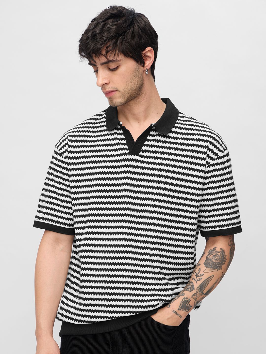 The Souled Store Men Striped Polo Collar Cotton Oversized T-shirt-picture-13