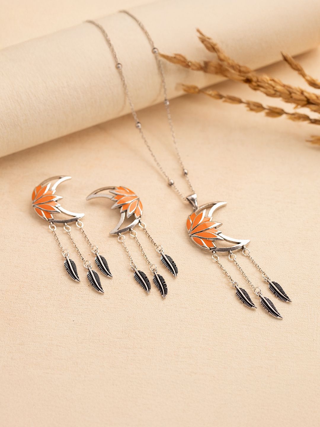 Voylla Boho Tribe Moonlit Lotus Oxidised Pendant Set
