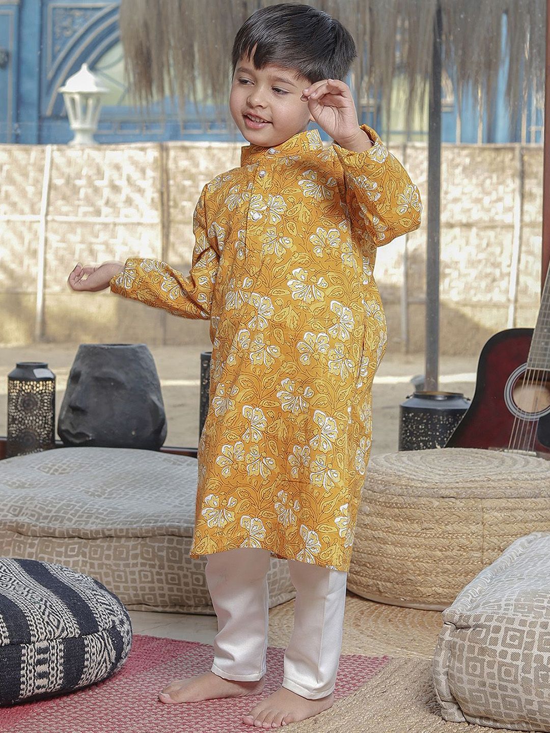 Stuffie Land Boys Floral Printed Regular Pure Cotton Kurta with Pyjamas-picture-11