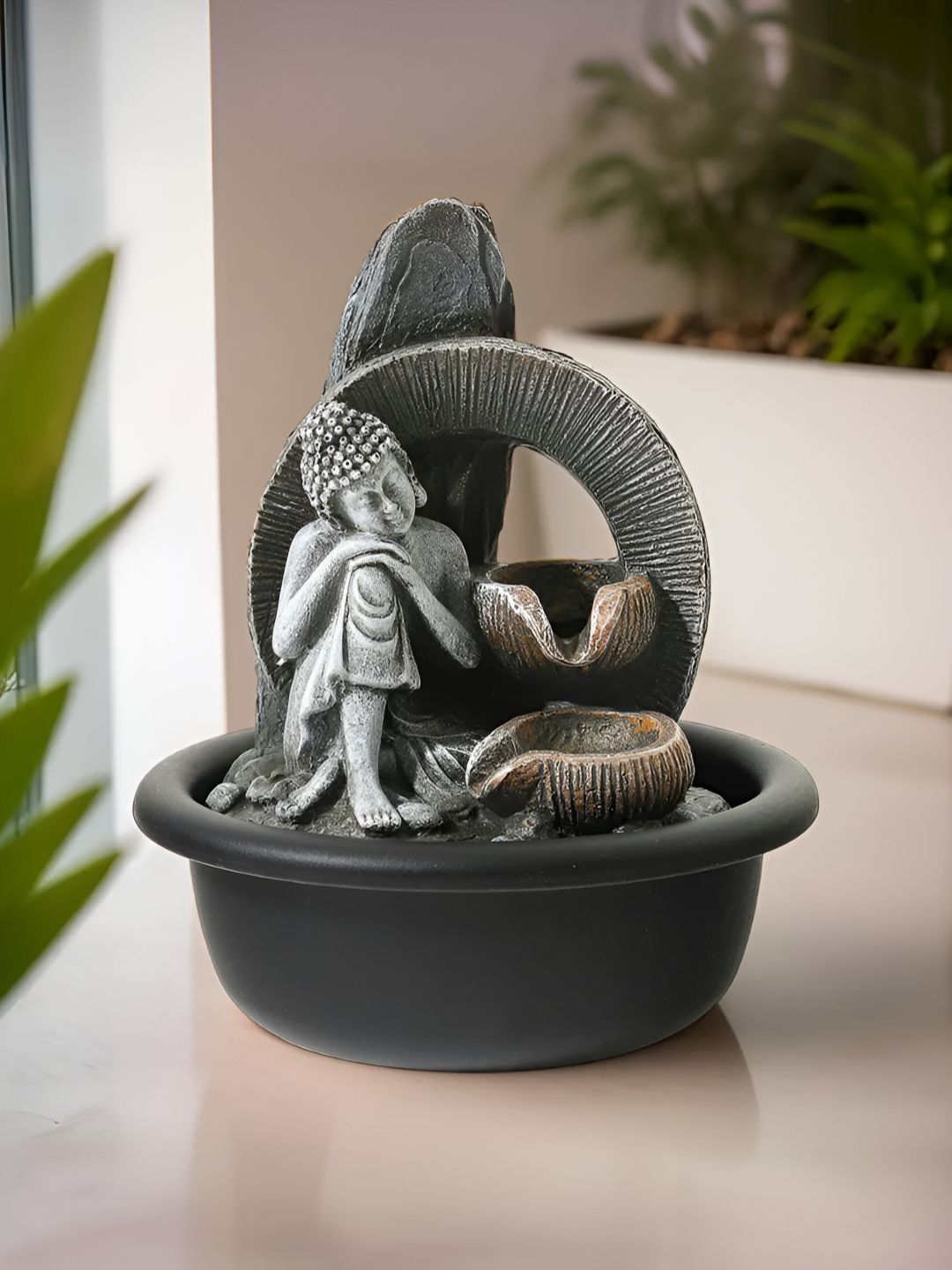 The Better Home Grey & Black Buddha Water Fountain For Home Decor - 19 cm