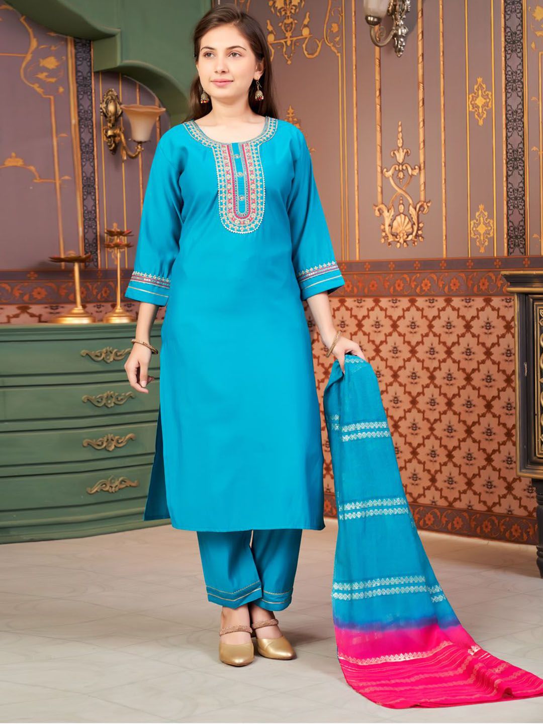 Sangria Girls Floral Yoke Design Sequined Pure Silk Straight Kurta With Trouser & Dupatta-picture-13