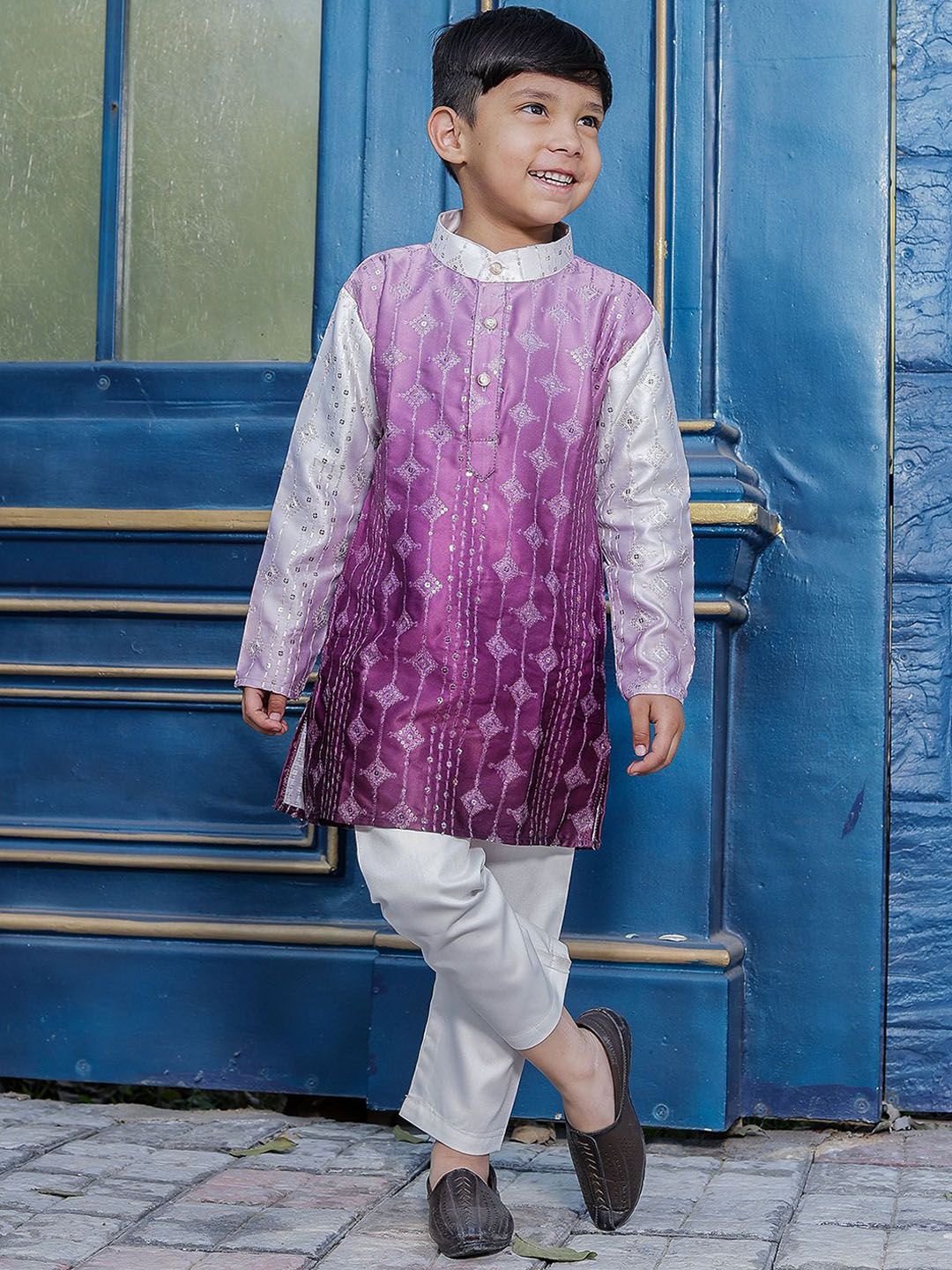 Stuffie Land Boys Floral Embroidered Regular Sequinned Dupion Silk Kurta with Pyjamas-picture-34