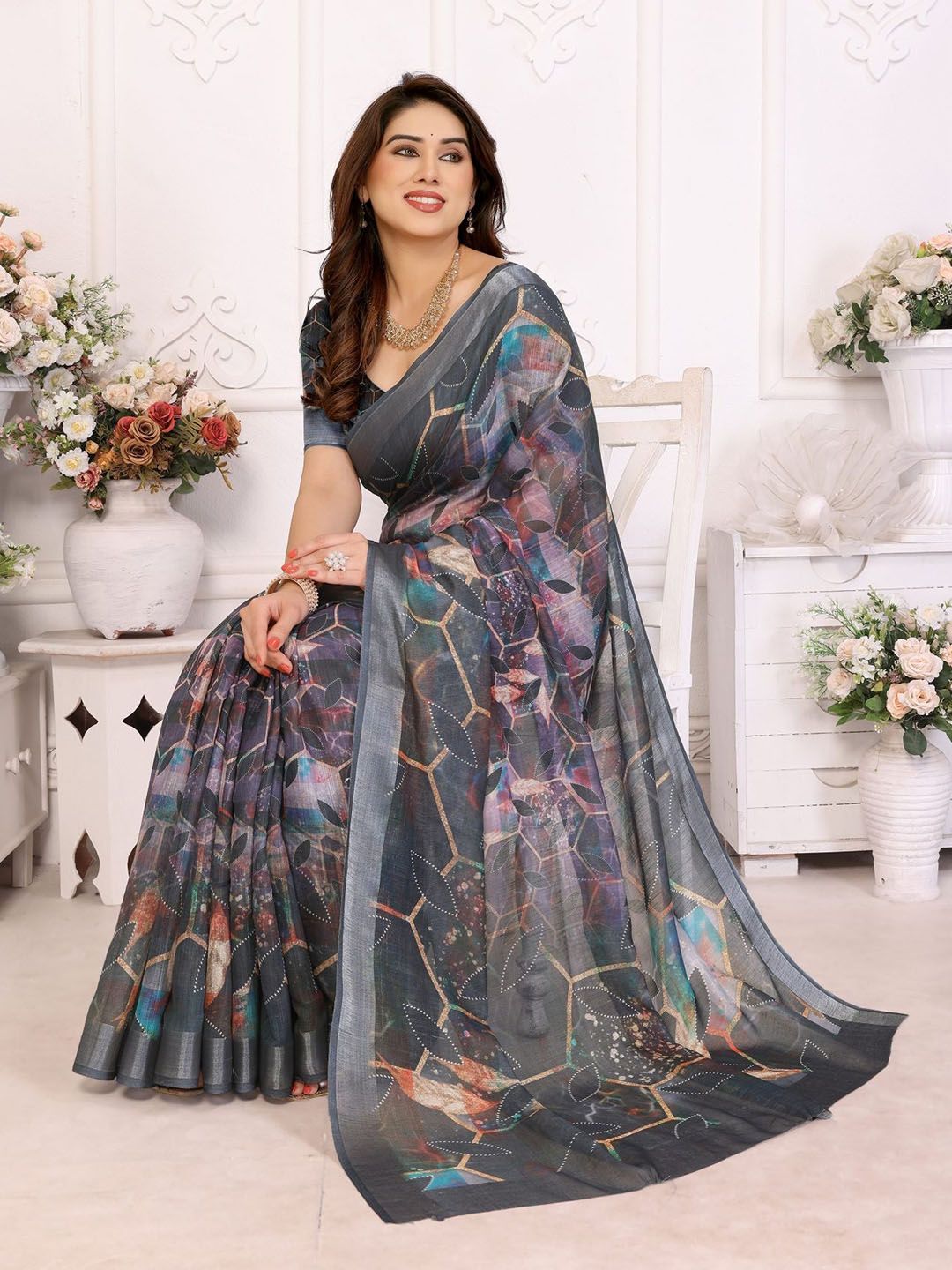 vj fashion PrintedZari Saree With Blouse Piece-picture-22