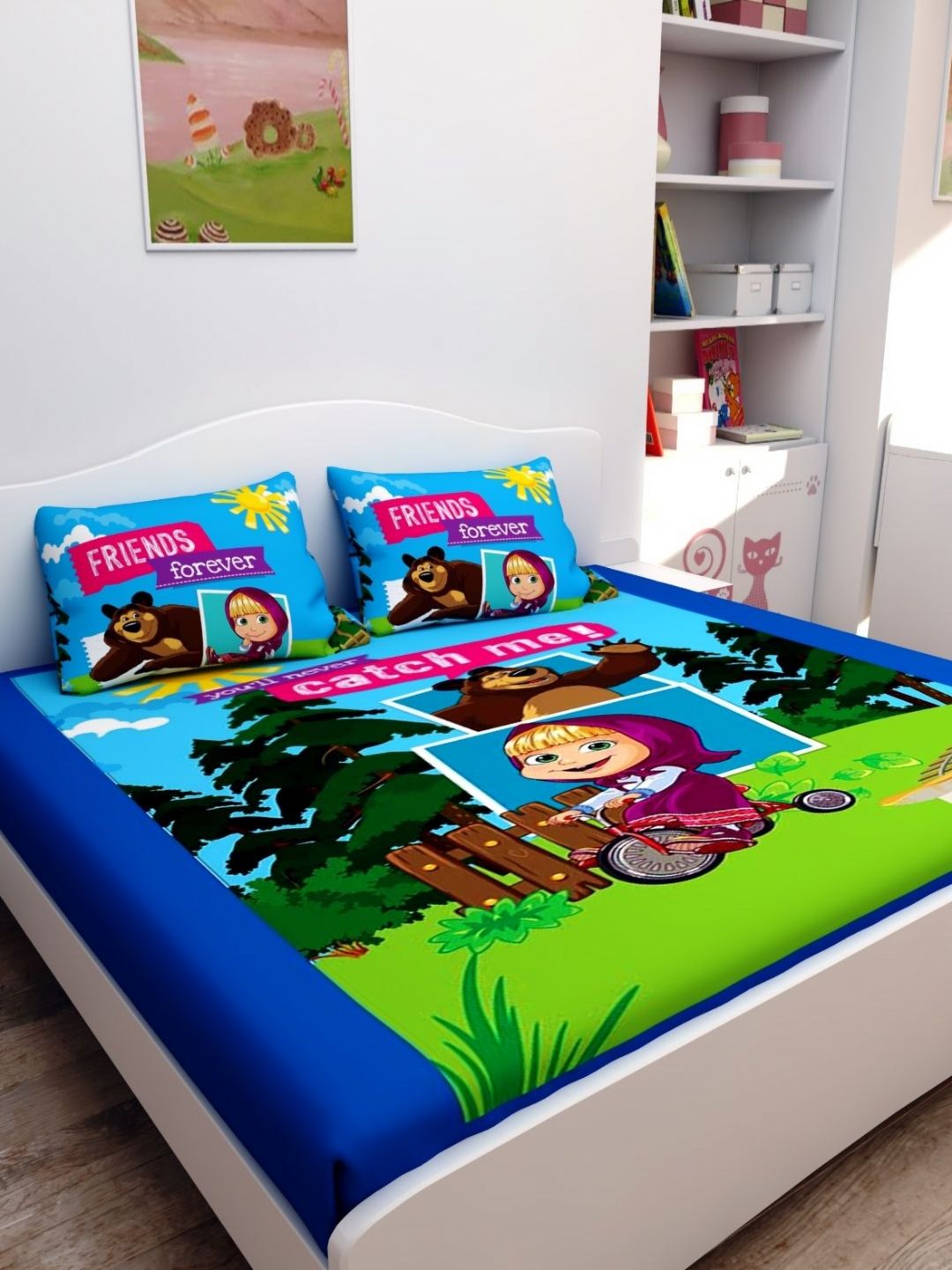 Athom Living Blue & Purple Cartoon Characters 180 TC Queen Bedsheet with 2 Pillow Covers-picture-19