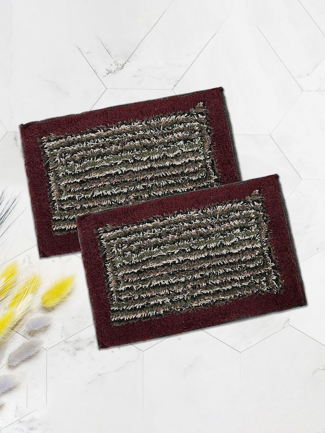 aura Aura2 Pieces Maroon & Green Textured Cotton Anti-Skid Doormats-picture-27