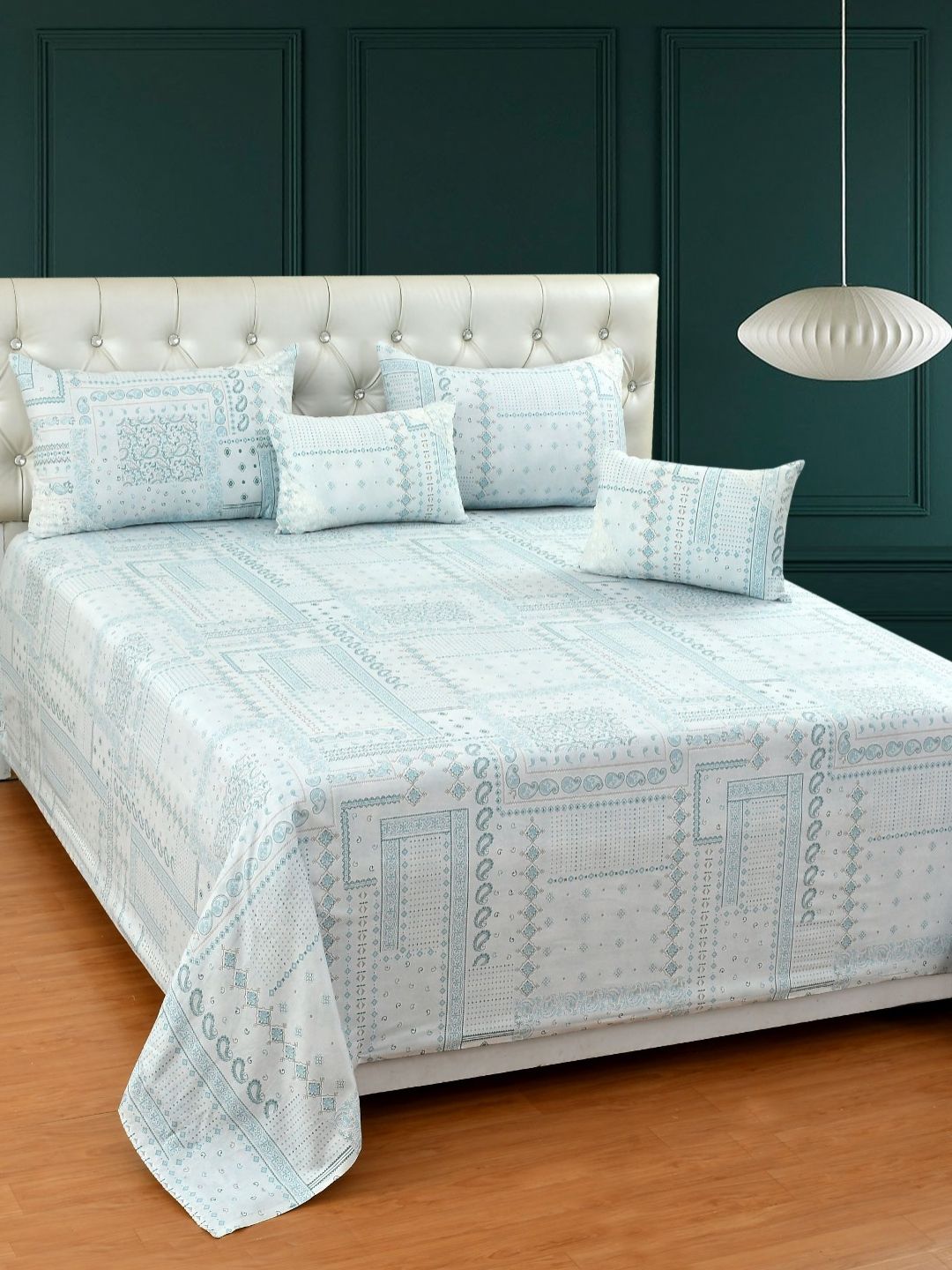MORADO Blue & White Geometric Cotton 5 Piece Double King Superfine Bedding Set-image-35