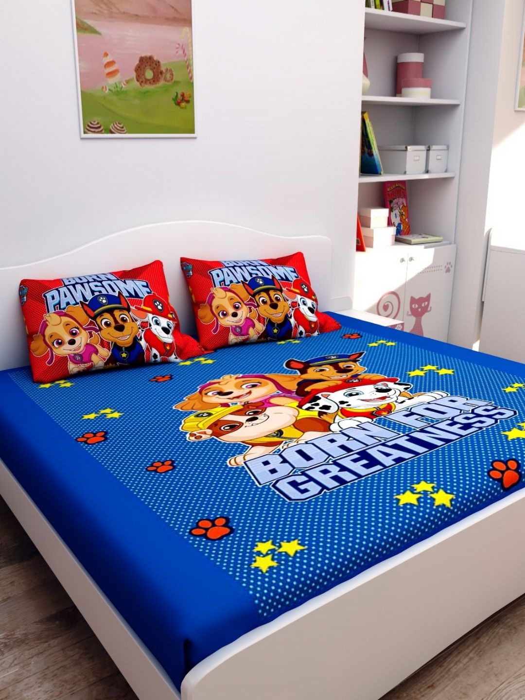 Athom Living Blue & White Cartoon Characters 180 TC Queen Bedsheet with 2 Pillow Covers-picture-17