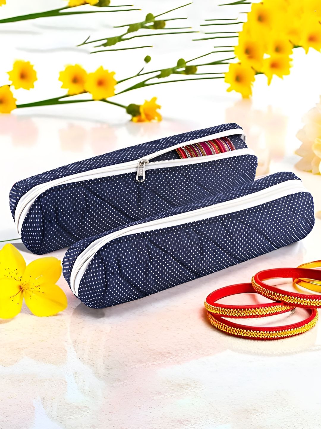 Aura Blue 2 Pcs Polka Dots Printed Single-Rod Bangles Organisers-picture-13