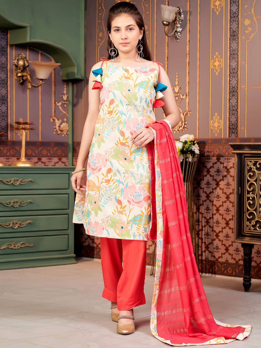 Sangria Girls Floral Printed Pure Cotton Straight Kurta With Trousers & Dupatta-picture-30